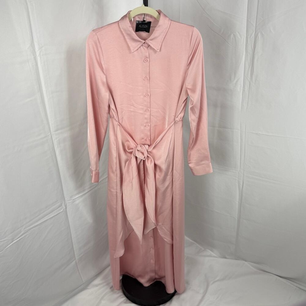 NWT Aleeza Paris Dusty Pink Long Sleeve Button Up Waist Tie Dress Size S